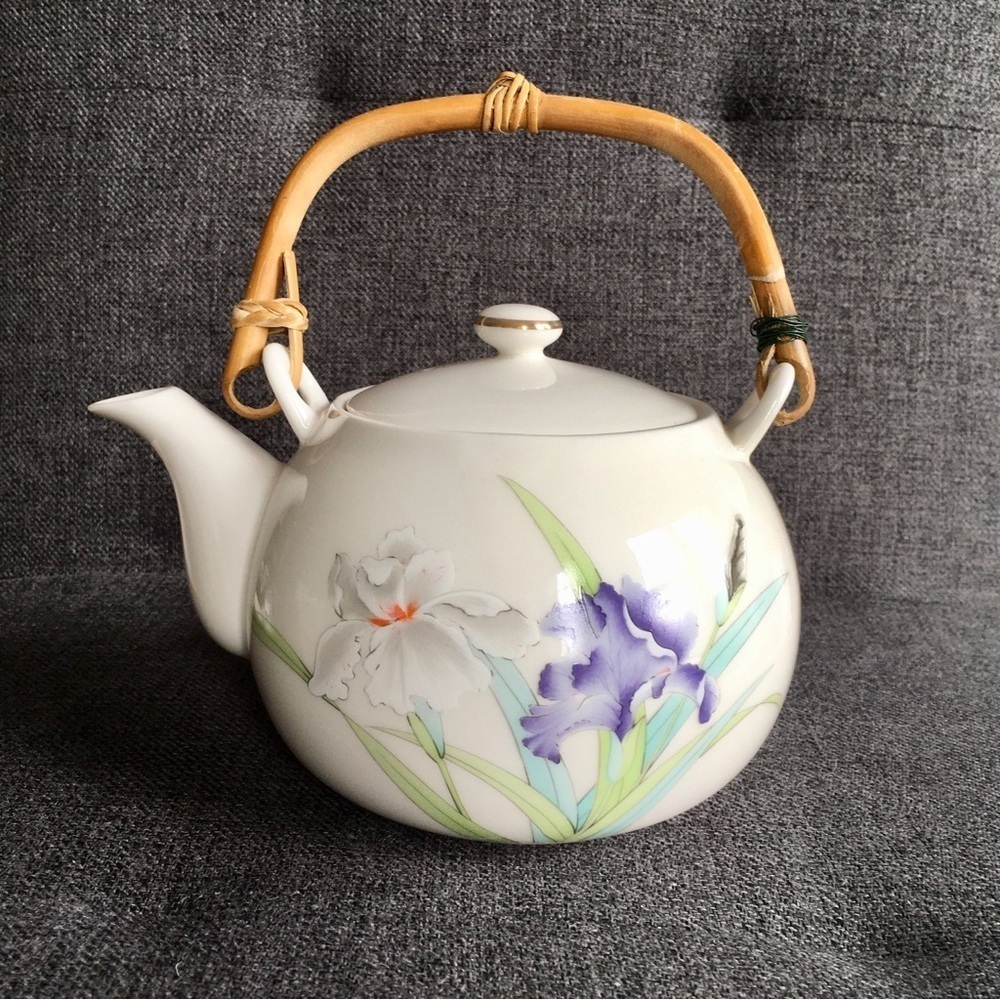 Iris Bouquet Japanese Ceramic Teapot, White, Purple, Teal, Green, 24 oz